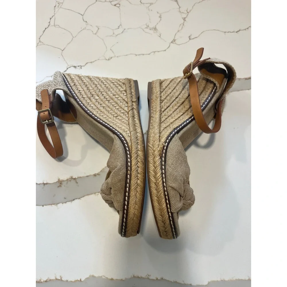 Tory Burch Beige Canvas Espadrille Wedge Sandals Tan Leather Ankle Strap Size 9B